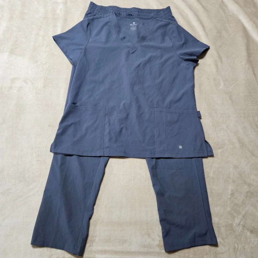 Centro Womens Gray Blue Scrub Set V-Neck Short Sleeve Top Elastic Waist Pants L